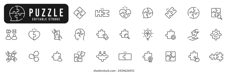 Satz von Puzzle-Linien-Symbolen. Puzzle, Lösung, Lösung, Stück, Idee, Team usw. Bearbeitbarer Strich