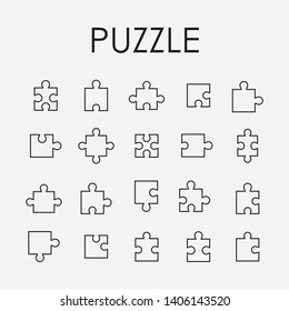 Set of puzzle in modern thin line style. High quality black outline jigsaw symbols for web site design and mobile apps. Simple linear puzzle pictograms on a white background.