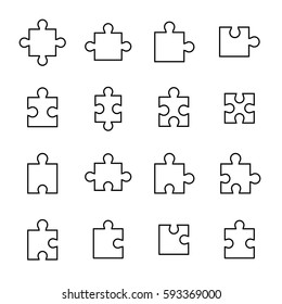 Set of puzzle in modern thin line style. High quality black outline jigsaw symbols for web site design and mobile apps. Simple linear puzzle pictograms on a white background.