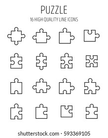 Set of puzzle in modern thin line style. High quality black outline jigsaw symbols for web site design and mobile apps. Simple linear puzzle pictograms on a white background.