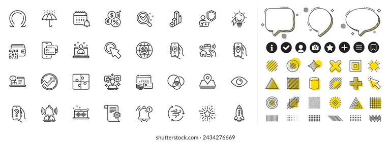 Set of Puzzle, Money calendar and Chemistry lab line icons for web app. Design elements, Social media icons. Online documentation, Qr code, Inflation icons. Vector