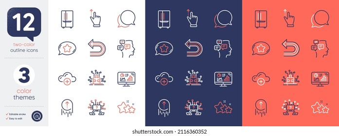 Set of Puzzle options, Touchscreen gesture and Favorite chat line icons. Include Undo, Swipe up, Analytics graph icons. Cloud computing, Stars, Refrigerator web elements. Messages. Vector