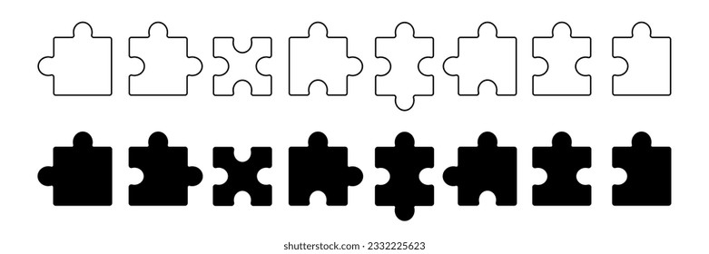 Set of puzzle pieces black and outlined. Jigsaw puzzle with pieces.  Business and marketing concept. Vector illustration. Isolated on white background.