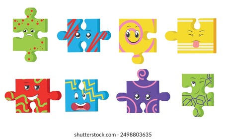 Set of puzzle pieces of cartoon characters. Vector illustration of puzzle pieces with ornaments and emotions: unhappy, cute, smiling, showing tongue, funny, winking isolated on white background.