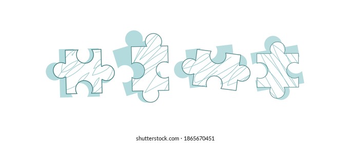 Un conjunto de piezas de rompecabezas. El concepto de creación de equipos, trabajo corporativo, conexión. Ilustración vectorial plana minimalista con formas y texturas aisladas en fondo blanco