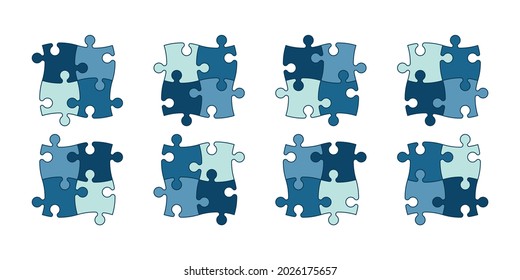Set of puzzle pieces of different colors isolated on white background. Vector illustration.