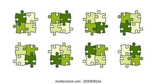 Set aus Puzzleteilen verschiedener Farben einzeln auf weißem Hintergrund. Vektorgrafik.