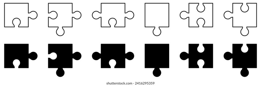 Set of puzzle pieces icons in flat and line art style. Game with details. Vector illustration
