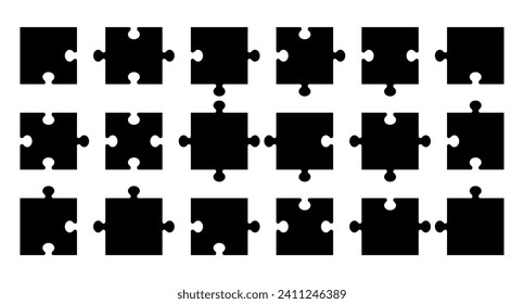 Conjunto de piezas de rompecabezas. Objetos negros aislados sobre fondo blanco. Ilustración vectorial.