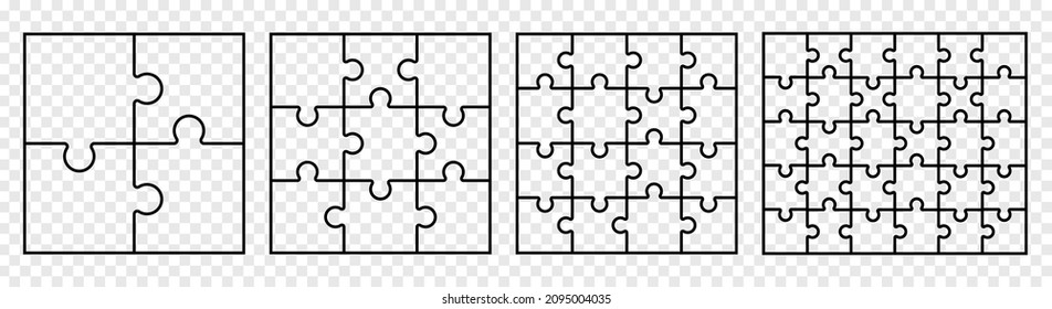 Set puzzle pieces. Outline vector icons. Puzzles grid collection isolated on transparent background