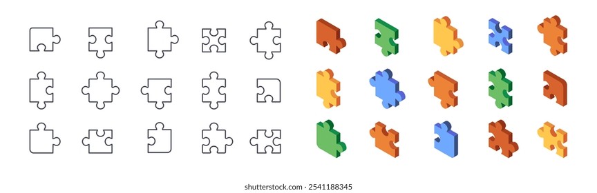 Set of Puzzle pieces. Simple linear and 3D icons with puzzles of different geometric shapes. Design elements for business. Outline and isometric vector illustration collection isolated on background