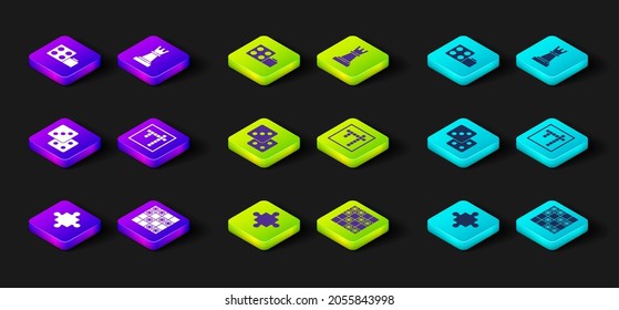 Set Puzzle pieces toy, Board game of checkers, Game dice, Bingo, Chess and Toy building block bricks icon. Vector