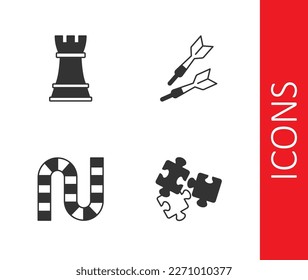 Set Puzzle pieces toy, Chess, Board game and Dart arrow icon. Vector