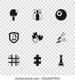 Set Puzzle pieces toy, Dart arrow, Chess, Billiard pool snooker ball, Racket, Bowling pin and  icon. Vector