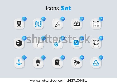 Set Puzzle pieces toy, Dart arrow, Board game, Whirligig, Billiard balls in triangle, Game dice and Classic dart board and icon. Vector