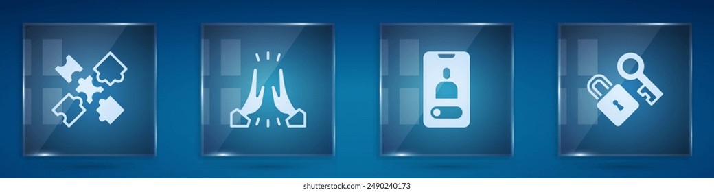 Juego de piezas de rompecabezas de juguete, saludo informal, llamada entrante en el móvil y cerradura con llave. Paneles de vidrio cuadrado. Vector