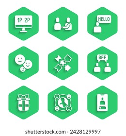 Set Puzzle pieces toy, International community, Incoming call mobile, BFF or best friends forever, Gift box, Happy friendship day, Acquaintance and Computer monitor screen icon. Vector