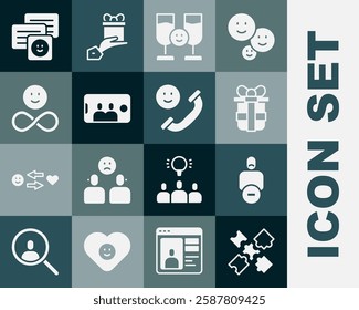 Set Puzzle pieces toy, Loss of friend, Gift box, Friends drinking alcohol, Selfie on mobile, forever, Chat messages laptop and Incoming call icon. Vector