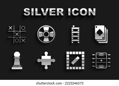 Set Puzzle pieces toy, Playing cards, Hockey table, Board game, Chess, Mahjong, Tic tac toe and Casino chip icon. Vector