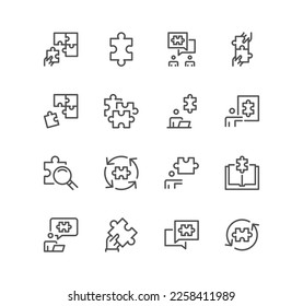 Set of puzzle related icons, thinking man, problem discussion, puzzle pieces and linear variety vectors.