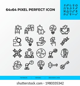 Set of Puzzle Related Vector Line Icons. Problem solving, puzzle pieces, problem discussion.64x64 pixel perfect icons