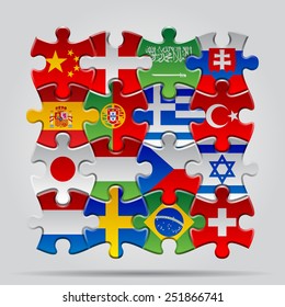 Set of puzzle with World flags. Vector Illustration