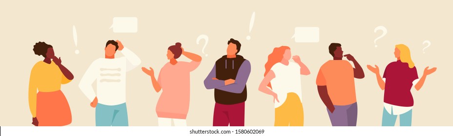 Set of puzzled and surprised office people. Problem solving and discussion. Vector flat illustration