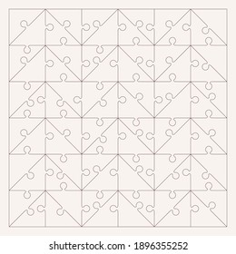 A set of puzzles 12x6. A puzzle with triangular types of pieces and the ability to move each piece. Black and white vector illustration. Blank puzzle template. 72 details.