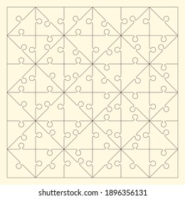 A set of puzzles 12x6. A puzzle with triangular types of pieces and the ability to move each piece. Black and white vector illustration. Blank puzzle template. 72 details.