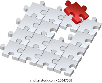 Set of puzzles for game, combined picture with red puzzle, illustration