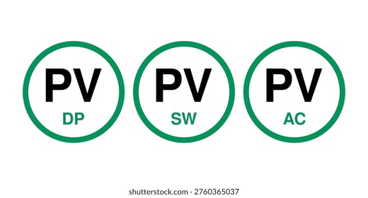 Set of PV labels with DP, SW, and AC markings in green outline style. Ideal for photovoltaic systems, electrical panels, and clear solar installation identification.