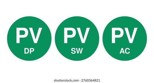 Set of PV labels including DP, SW, and AC markings for photovoltaic systems. Ideal for solar installations, electrical panels, and clear system identification.