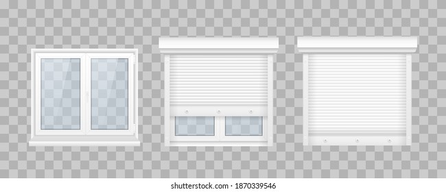 Conjunto de ventanas pvc realistas y ciegas de rodillos metálicos sobre un fondo transparente. Conjunto de ventanas cerradas con vidrio transparente en un marco blanco. Productos de plástico. Ceguera de Rollerball. Ilustración vectorial.