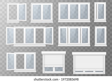 Set of pvc realistic windows and metal roller blind on a transparent background. Set of closed window with transparent glass in a white frame. Plastic products. Rollerball blind. Vector illustration.