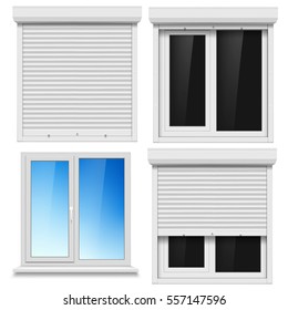 Set of PVC windows and metal roller blind isolated on white background. Stock vector illustration.