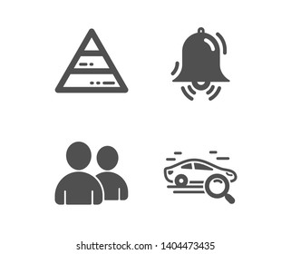 Set of Pyramid chart, Clock bell and Users icons. Search car sign. Report analysis, Alarm, Couple of people. Find transport.  Classic design pyramid chart icon. Flat design. Vector