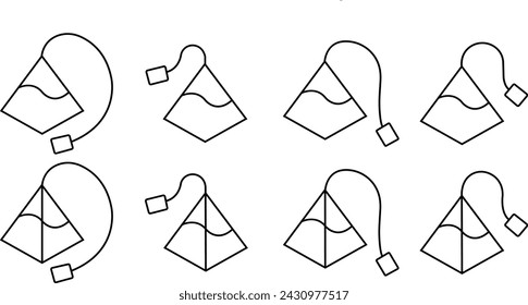 Set of Pyramid tea bag icons in line styles editable stock. Triangle paper bag on transparent background. Tag, herb, organic beverage signs. Breakfast drink concepts. Symbols element for web designs.