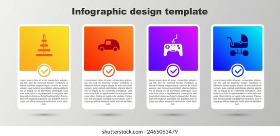 Set Pyramid toy, Toy car, Gamepad and Baby stroller. Business infographic template. Vector