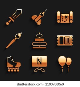 Set Pyramid toy, Smart Tv, Balloons, Circus ticket, Roller skate, Paint brush, Pirate treasure map and Sword icon. Vector