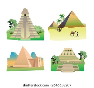 Conjunto de pirâmides de civilizações antigas sobre fundo branco. Ilustração de arte vetorial