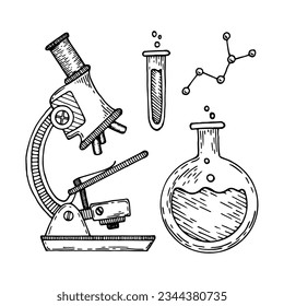 Set pyribors for chemistry lessons sketch. Microscope, laboratory flasks. Hand drawn doodle illustration.