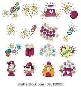 Set of pyrotechnic doodle icons. 