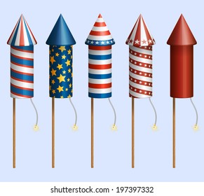 Set of pyrotechnic rockets, with design for fourth of July, and other holidays, EPS 10 contains transparency.