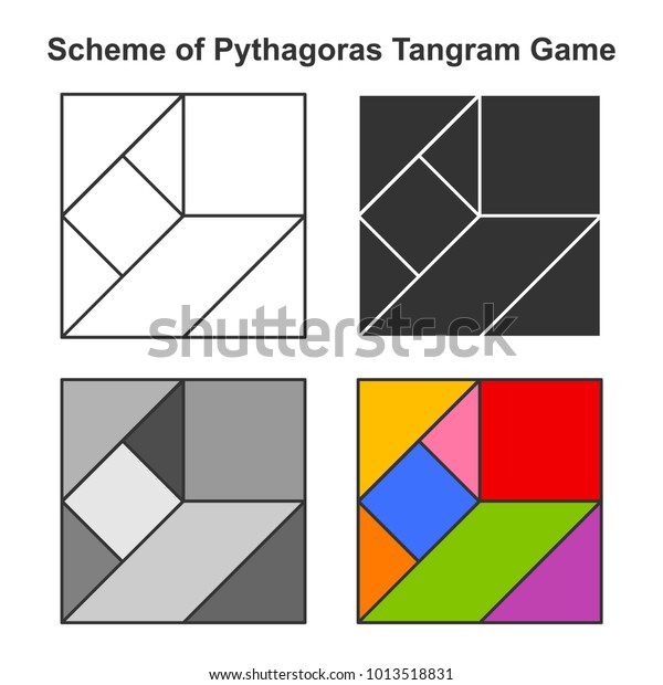 Set of Pythagoras Tangram game schemes in white, black, gray and color
