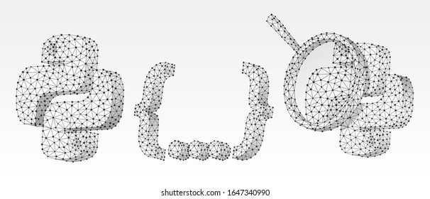 Set of Python coding language signs. Programming analytics, magnifying glass, and code line. Low poly, wireframe 3d vector illustration. Abstract polygonal image on white origami background