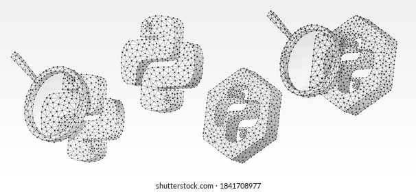Set of Python coding language signs. Programming analytics, magnifying glass. Low poly, wireframe 3d vector illustration. Abstract polygonal image on white origami background