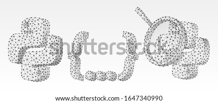 Set of Python coding language signs. Programming analytics, magnifying glass, and code line. Low poly, wireframe 3d vector illustration. Abstract polygonal image on white origami background