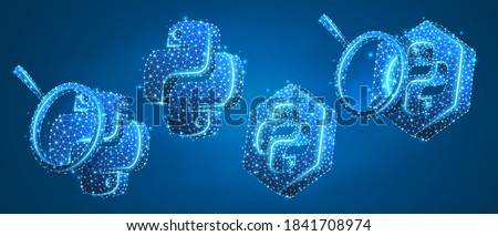 Set of Python coding language signs, with a magnifying glass. Programming, developing concept. Low poly, wireframe 3d vector illustration. Abstract polygonal image on blue neon background