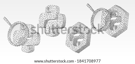 Set of Python coding language signs. Programming analytics, magnifying glass. Low poly, wireframe 3d vector illustration. Abstract polygonal image on white origami background