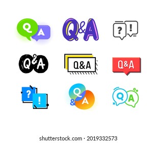 Set of Q and A Icons, Question and Answer Concept. Uppercase Letters, Speech Bubbles and FAQ Communication Chat Symbols for Infographic, Media Content Isolated on White Background. Vector Illustration